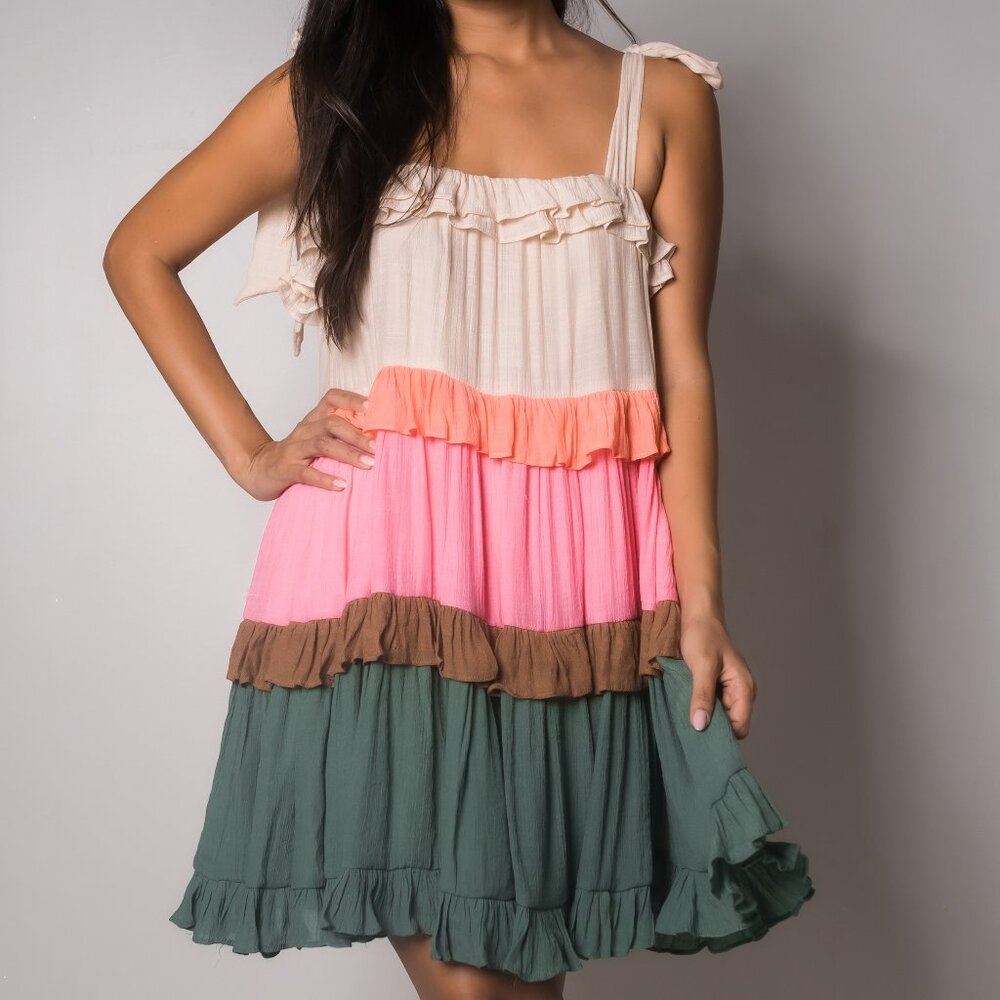 Aakaa Women's Adjustable Straps Square Neck Summer Loose Ruffle Layered Dress